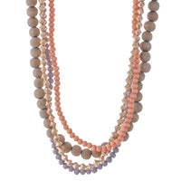 Beaded Layered Statement Necklace Featuring Wood Beads - Peach/Gray