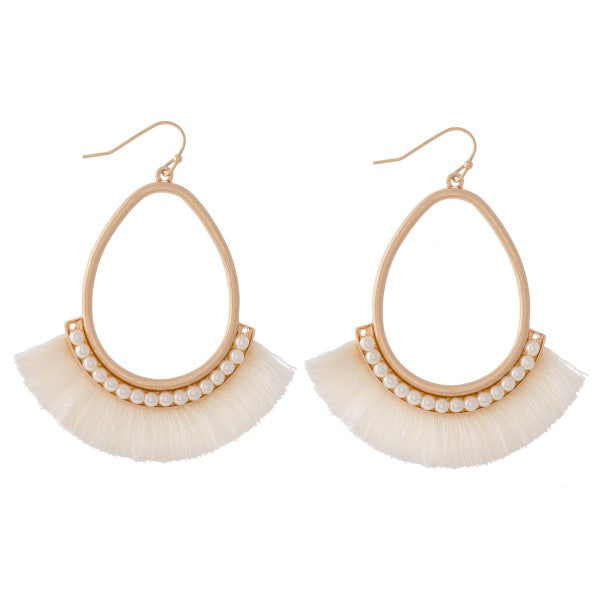 Gold Teardrop Pearl Beaded Tassel Earrings - Ivory