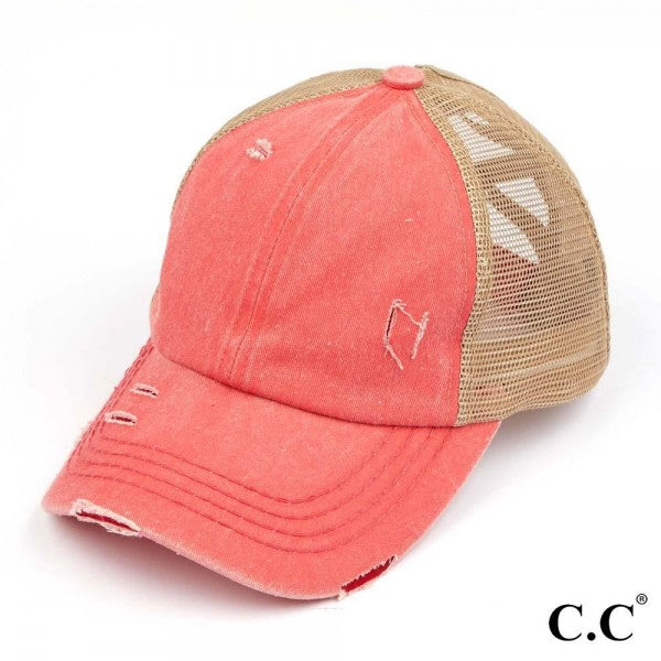 C.C Distressed Criss Cross Pony Cap with Mesh Back - Coral