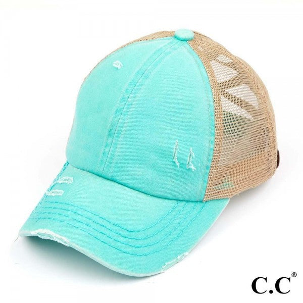 C.C Distressed Criss Cross Pony Cap with Mesh Back - Mint