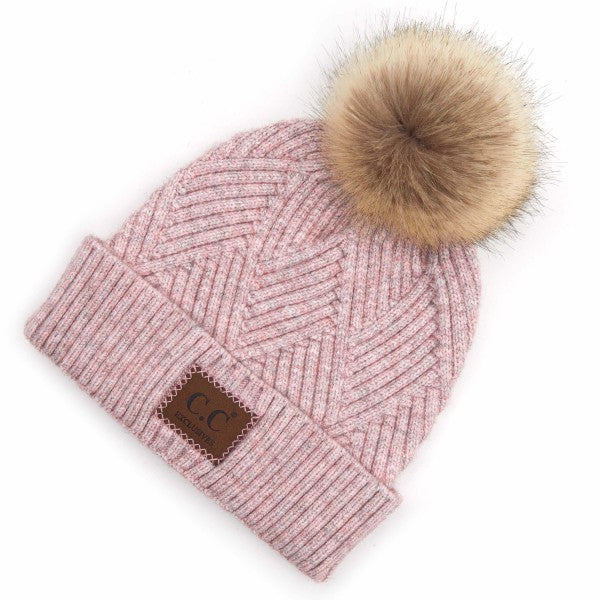 C.C Knit Pattern Pom Beanie - Rose