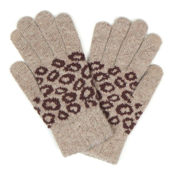 Leopard Print Knit Smart Touch Gloves - Brown