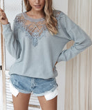 Lace Neck Long Sleeve - Grey