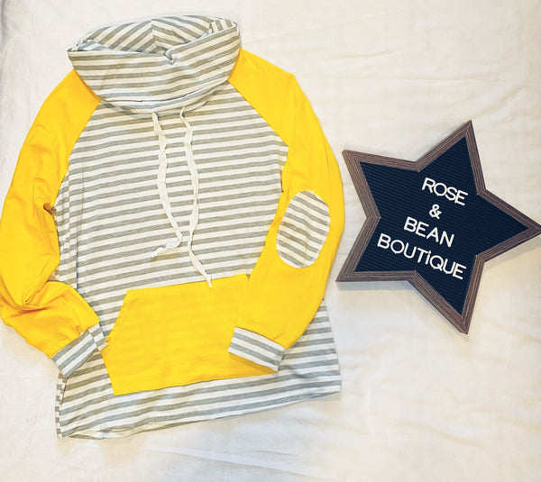 Striped Funnel Neck Pullover - Yellow