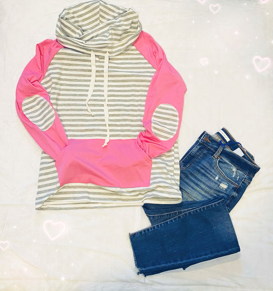 Striped Funnel Neck Pullover- Pink