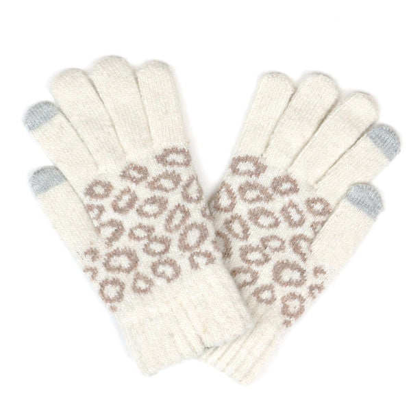 Leopard Print Knit Smart Touch Gloves - Ivory